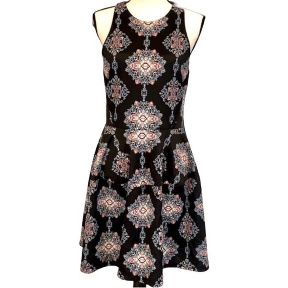 Black and colorful mandala print fit and flare dress size XS